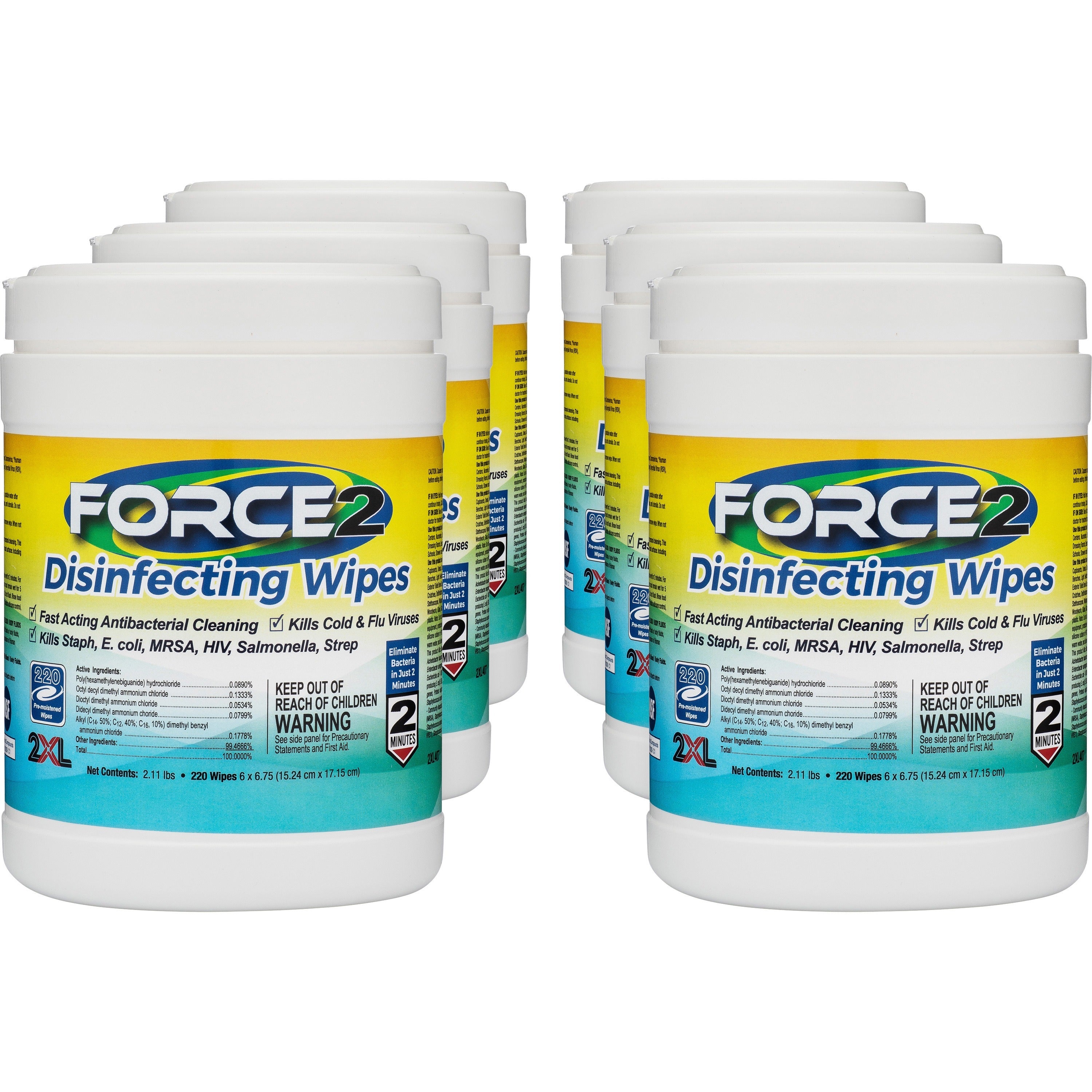 2xl-force2-disinfecting-wipes-675-length-x-6-width-220-tub-6-carton-fast-acting-non-toxic-non-irritating-pre-moistened-alcohol-free-phenol-free-bleach-free-ammonia-free-white_txl407ct - 1
