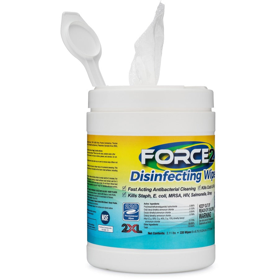 2XL FORCE2 Disinfecting Wipes - 6.75" Length x 6" Width - 220 / Tub - 6 / Carton - Fast Acting, Non-toxic, Non-irritating, Pre-moistened, Alcohol-free, Phenol-free, Bleach-free, Ammonia-free - White