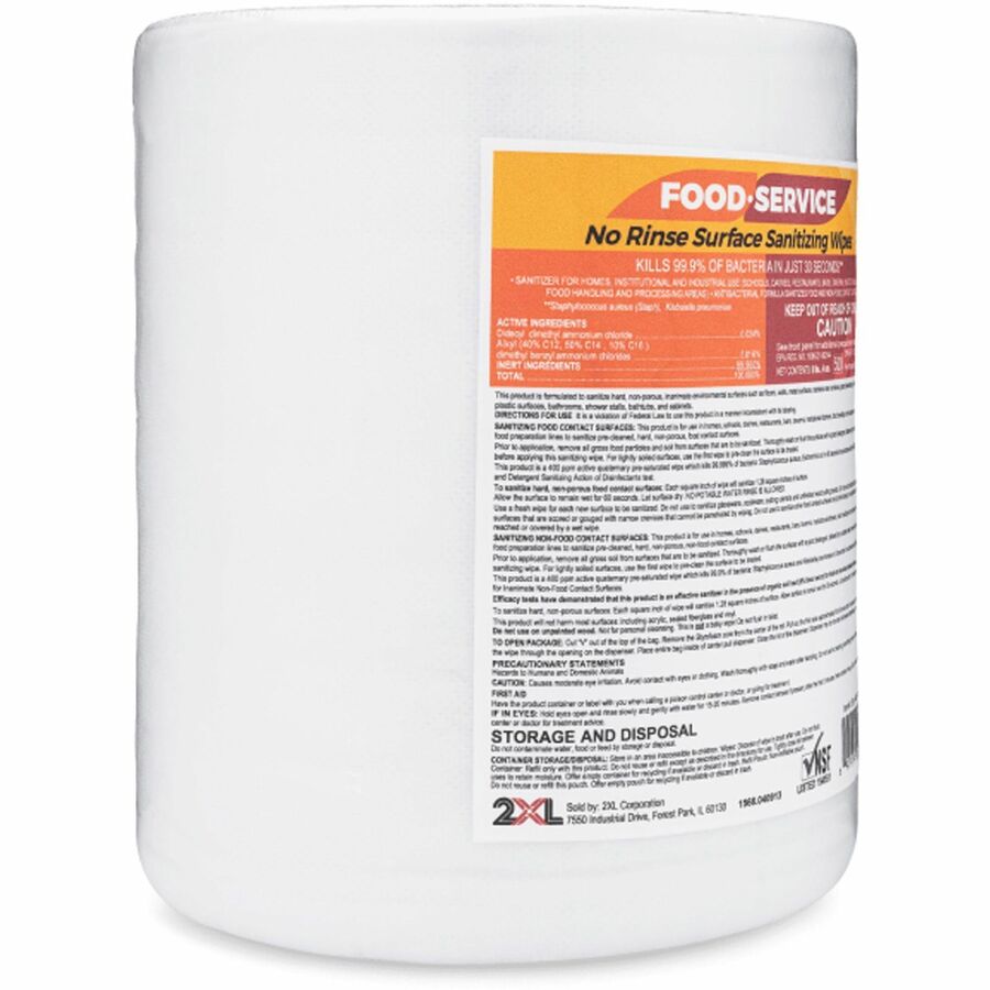 2XL No Rinse Foodservice Sanitizing Wipes - 6" x 8" - White - Alcohol-free, Phenol-free, Bleach-free, Ammonia-free, Non-toxic, Non-irritating - For Food Service - 500 / Roll