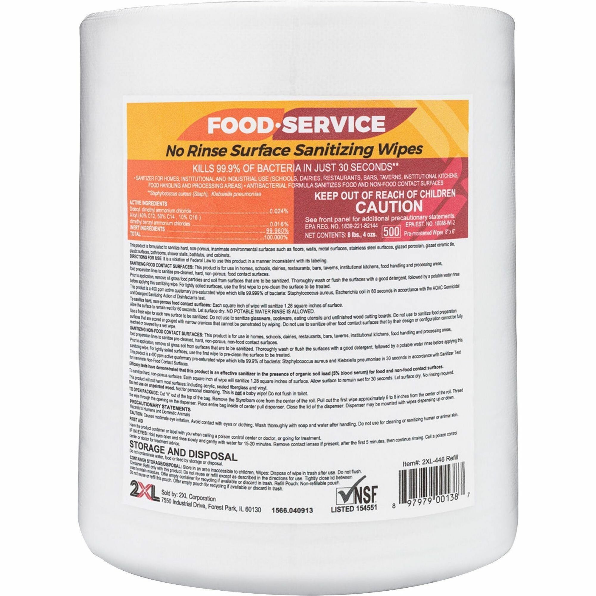 2XL No Rinse Foodservice Sanitizing Wipes - 6" x 8" - White - Alcohol-free, Phenol-free, Bleach-free, Ammonia-free, Non-toxic, Non-irritating - For Food Service - 500 / Roll