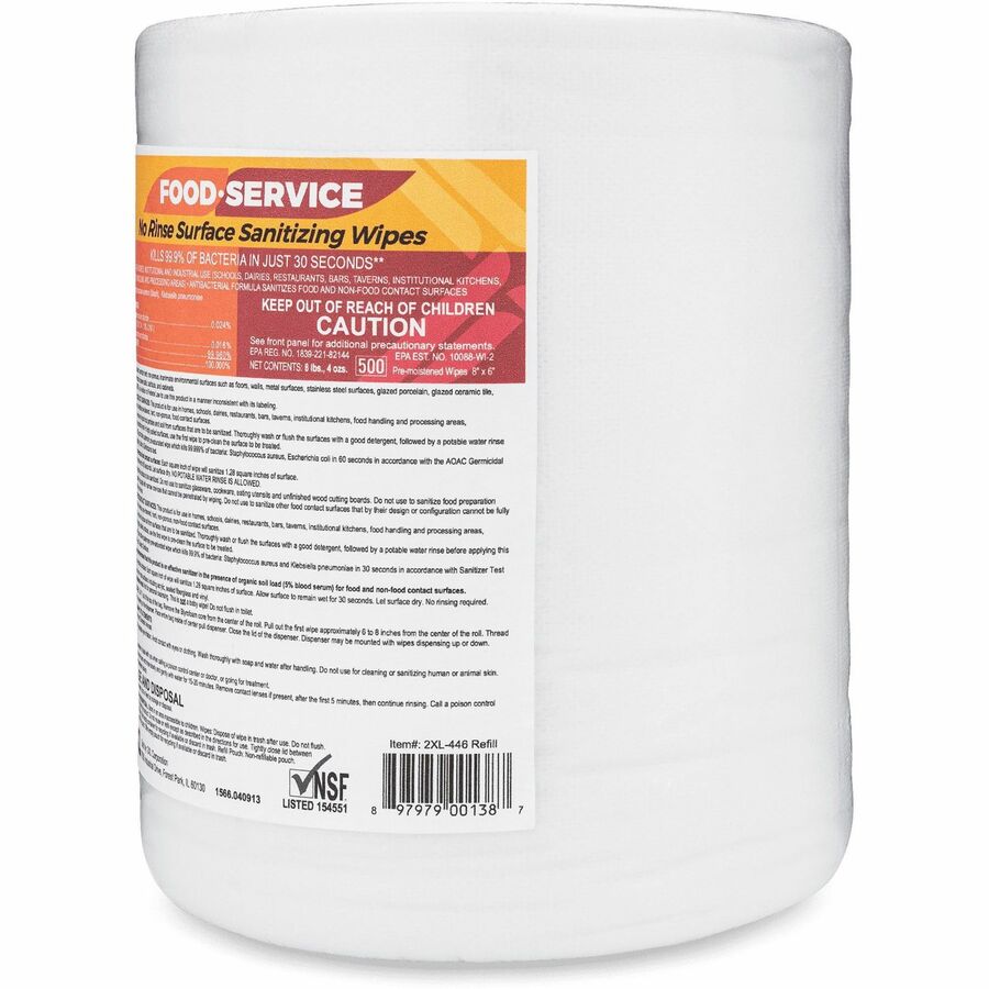 2XL No Rinse Foodservice Sanitizing Wipes - 6" x 8" - White - Alcohol-free, Phenol-free, Bleach-free, Ammonia-free, Non-toxic, Non-irritating - For Food Service - 500 / Roll