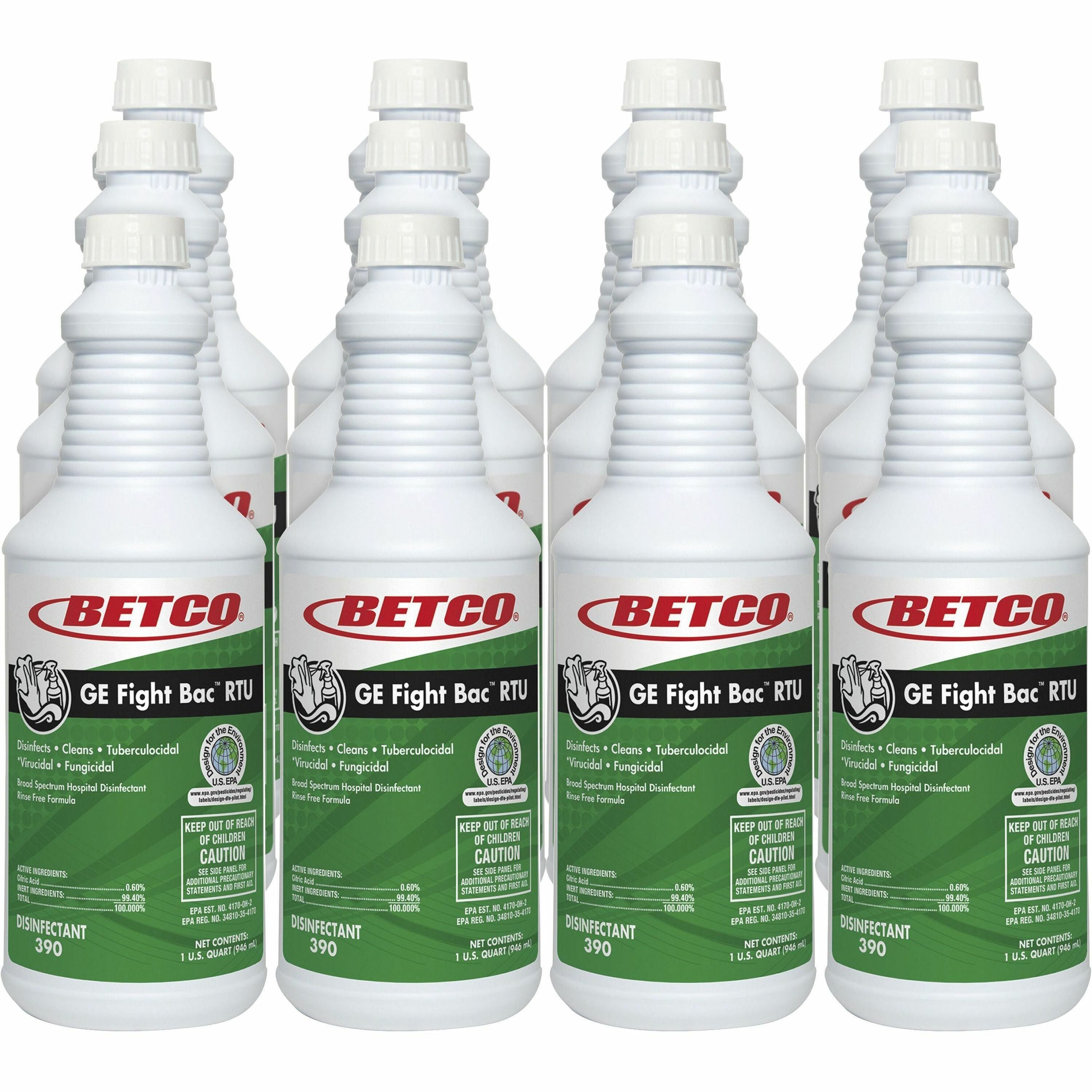 Betco Fight Bac RTU Disinfectant - Ready-To-Use - 32 fl oz (1 quart) - Fresh Scent - 12 / Carton - Rinse-free, Non-irritating - Clear - 1
