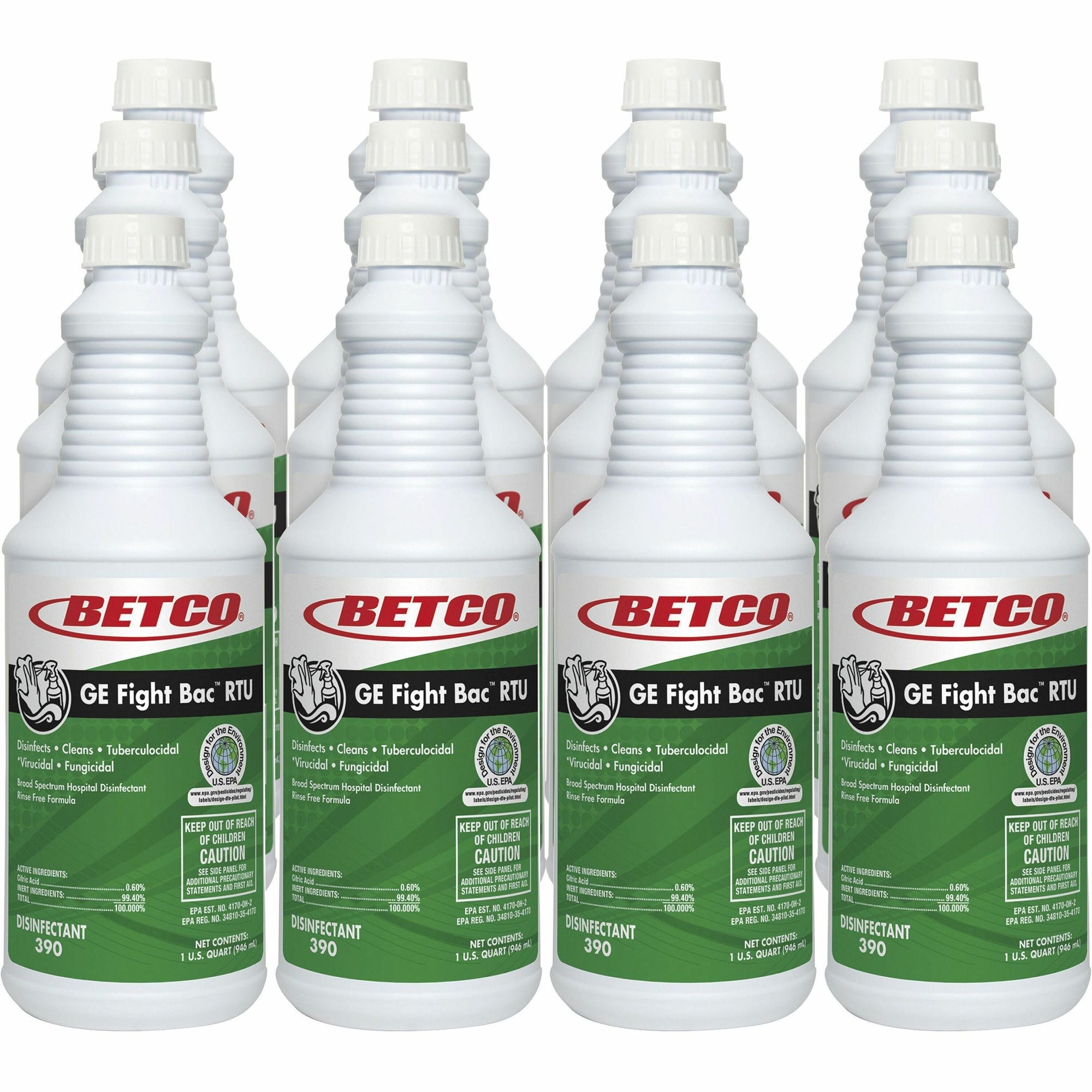 Betco Fight Bac RTU Disinfectant - Ready-To-Use - 32 fl oz (1 quart) - Fresh Scent - 12 / Carton - Rinse-free, Non-irritating - Clear