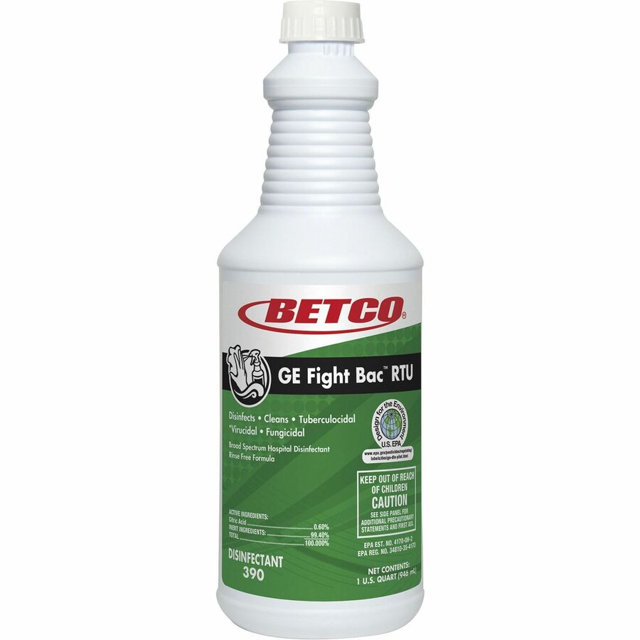 Betco Fight Bac RTU Disinfectant - Ready-To-Use - 32 fl oz (1 quart) - Fresh Scent - 12 / Carton - Rinse-free, Non-irritating - Clear - 3