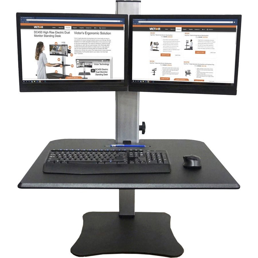 High Rise Dual Monitor Standing Desk Workstation, 28" x 23" x 10.5" to 15.5", Black