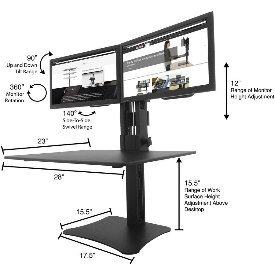 High Rise Dual Monitor Standing Desk Workstation, 28" x 23" x 10.5" to 15.5", Black