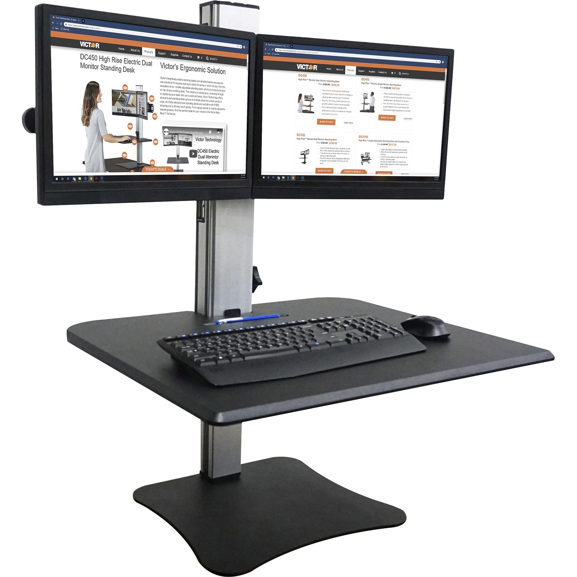 High Rise Dual Monitor Standing Desk Workstation, 28" x 23" x 10.5" to 15.5", Black