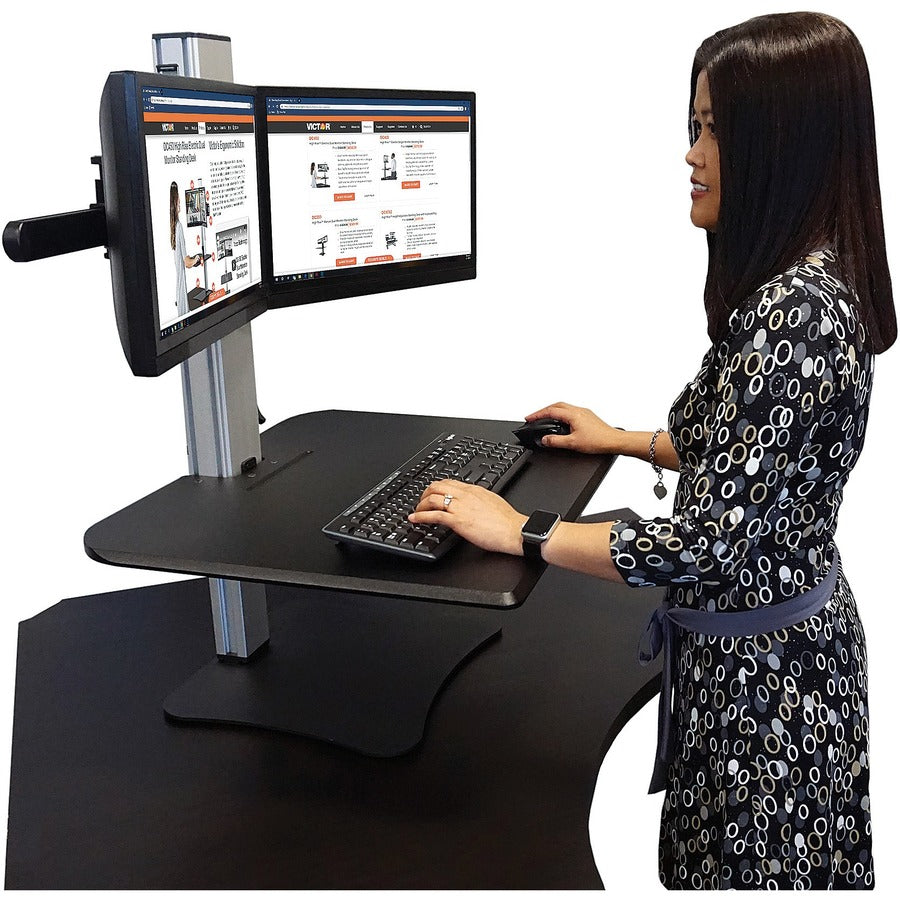 High Rise Dual Monitor Standing Desk Workstation, 28" x 23" x 10.5" to 15.5", Black