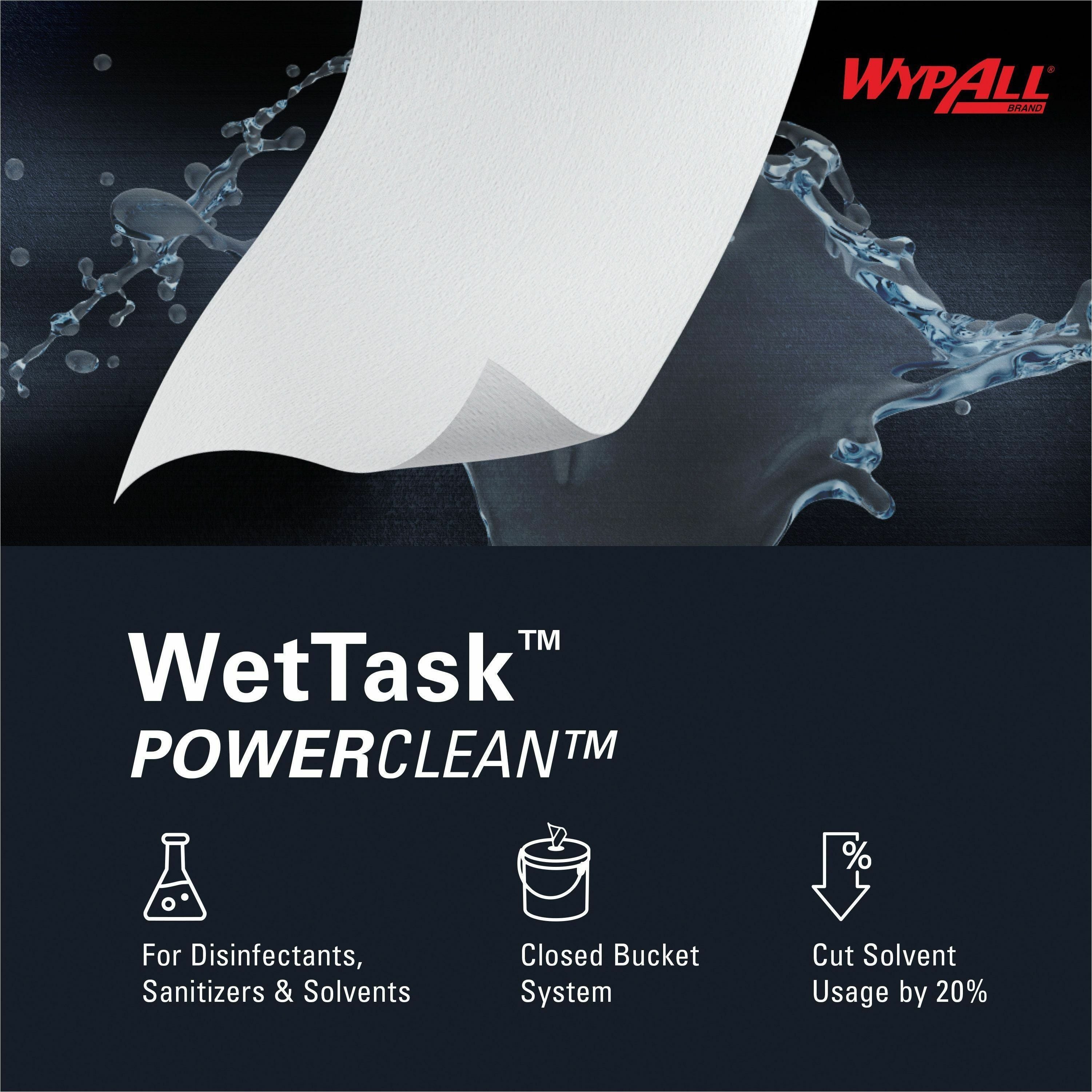 Wypall PowerClean WetTask Wipers for Disinfectants, Sanitizers & Solvents - 12" x 6" - 140 Sheets/Roll - White - Hydroknit - Disinfectant - 1 Rolls Per Bucket - 6 / Carton - 