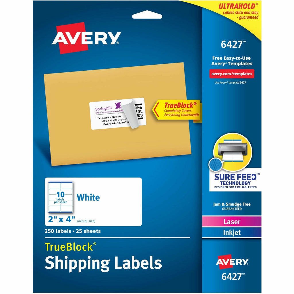 Avery TrueBlock Shipping Labels, Sure Feed Technology, Permanent Adhesive, 2" x 4" , 250 Labels (6427) - Avery Shipping Labels, Sure Feed, 2" x 4" , 250 Labels (6427)