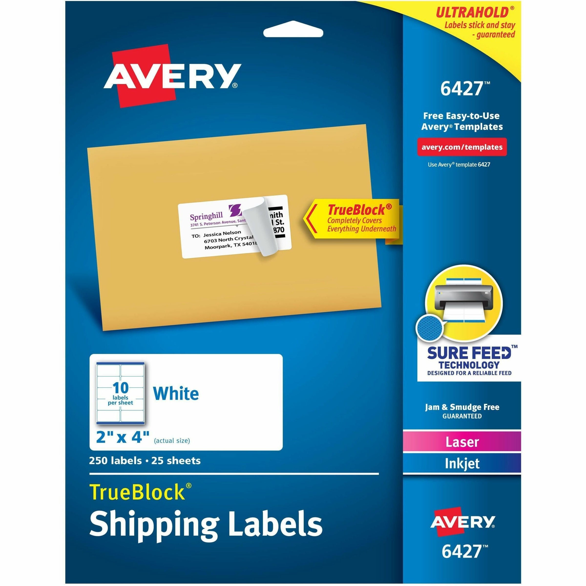 Avery TrueBlock Shipping Labels, Sure Feed Technology, Permanent Adhesive, 2" x 4" , 250 Labels (6427) - Avery Shipping Labels, Sure Feed, 2" x 4" , 250 Labels (6427)