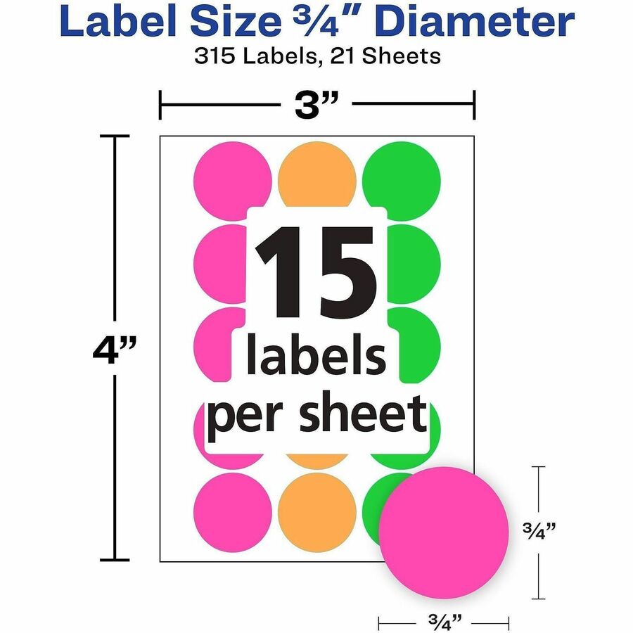 Avery Color-Coding Removable Labels, 3/4 Inch Round Labels, Assorted Neon Colors, Non-Printable, 315 Dot Stickers Total (6733) - Avery Dot Stickers, 3/4" Diameter, Assorted Neon, 315 Total (6733)