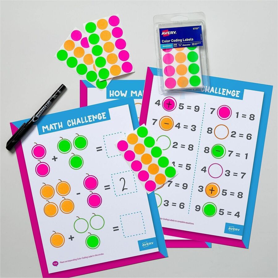 Avery Color-Coding Removable Labels, 3/4 Inch Round Labels, Assorted Neon Colors, Non-Printable, 315 Dot Stickers Total (6733) - Avery Dot Stickers, 3/4" Diameter, Assorted Neon, 315 Total (6733)