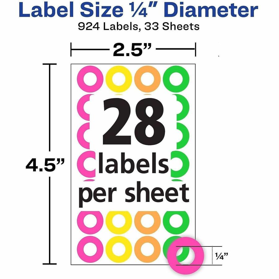 Avery Reinforcement Labels, 1/4" Diameter, Permanent Adhesive, Assorted Neon Colors, Non-Printable, 924 Page Reinforcement Stickers Total (6750) - Avery Reinforcement Stickers, 1/4" , Neon, 924 Total (6750)