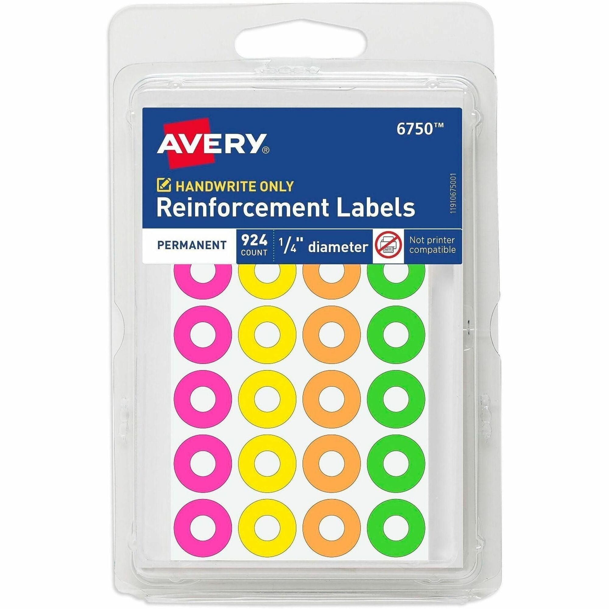 Avery Reinforcement Labels, 1/4" Diameter, Permanent Adhesive, Assorted Neon Colors, Non-Printable, 924 Page Reinforcement Stickers Total (6750) - Avery Reinforcement Stickers, 1/4" , Neon, 924 Total (6750)