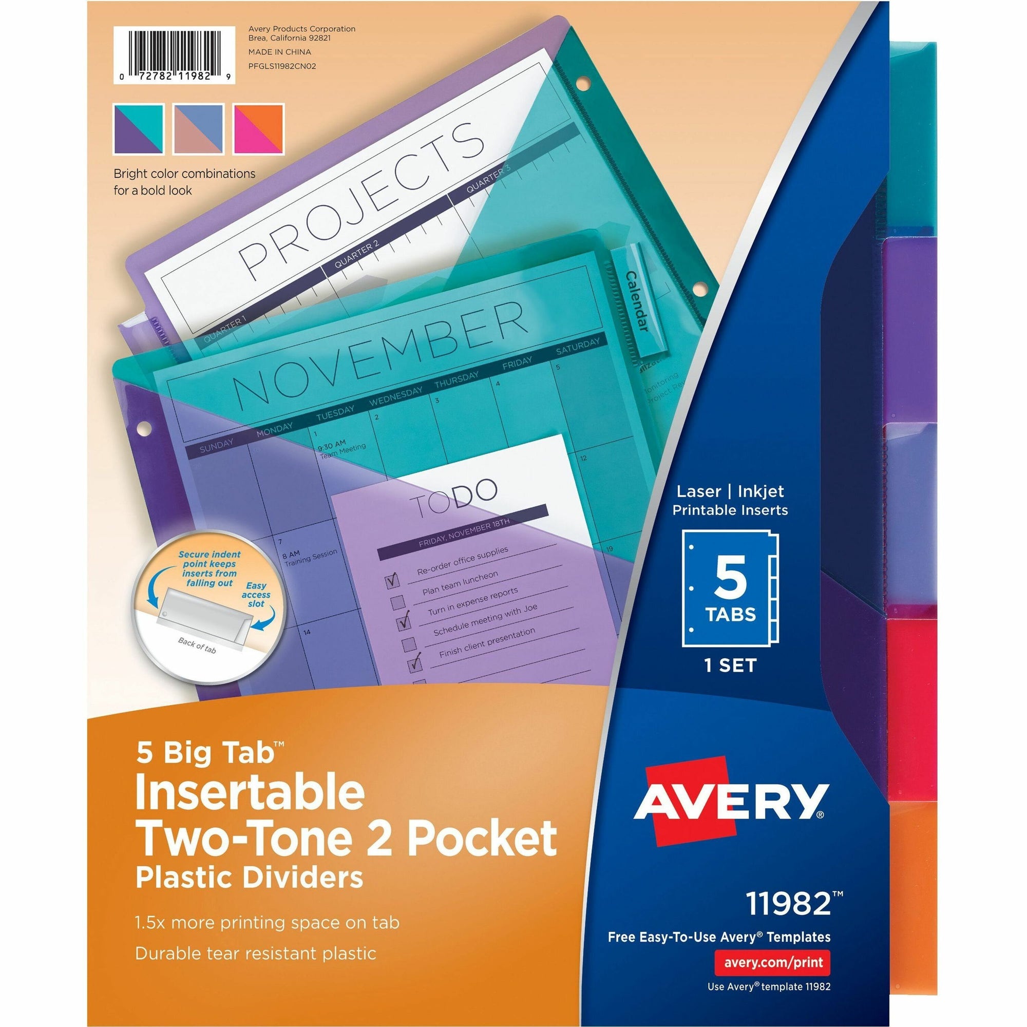 Big Tab Insertable Two-Pocket Plastic Dividers, 5-Tab, 11.13 x 9.25, Assorted, 1 Set