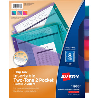 Big Tab Insertable Two-Pocket Plastic Dividers, 8-Tab, 11.13 x 9.25, Assorted, 1 Set