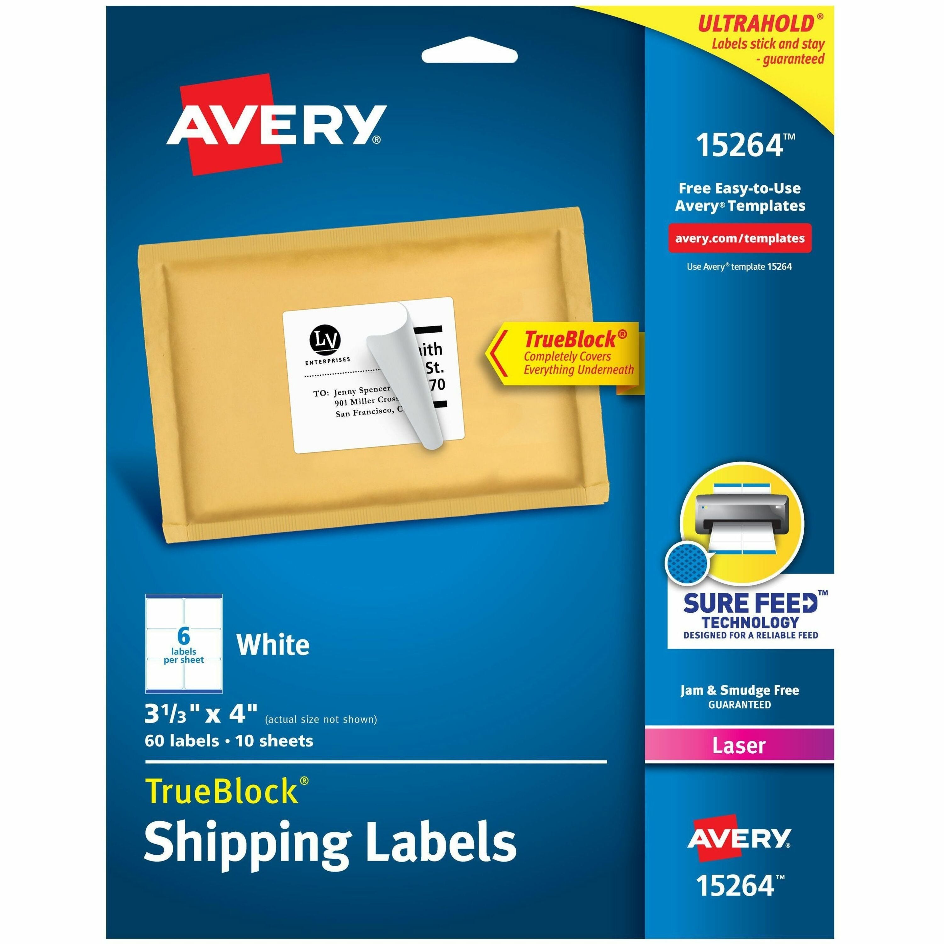 Avery TrueBlock Shipping Labels, Sure Feed Technology, Permanent Adhesive, 3-1/3" x 4" , 60 Labels (15264) - Avery Shipping Labels, Sure Feed, 3-1/3" x 4" , 60 White Labels (15264) - 1