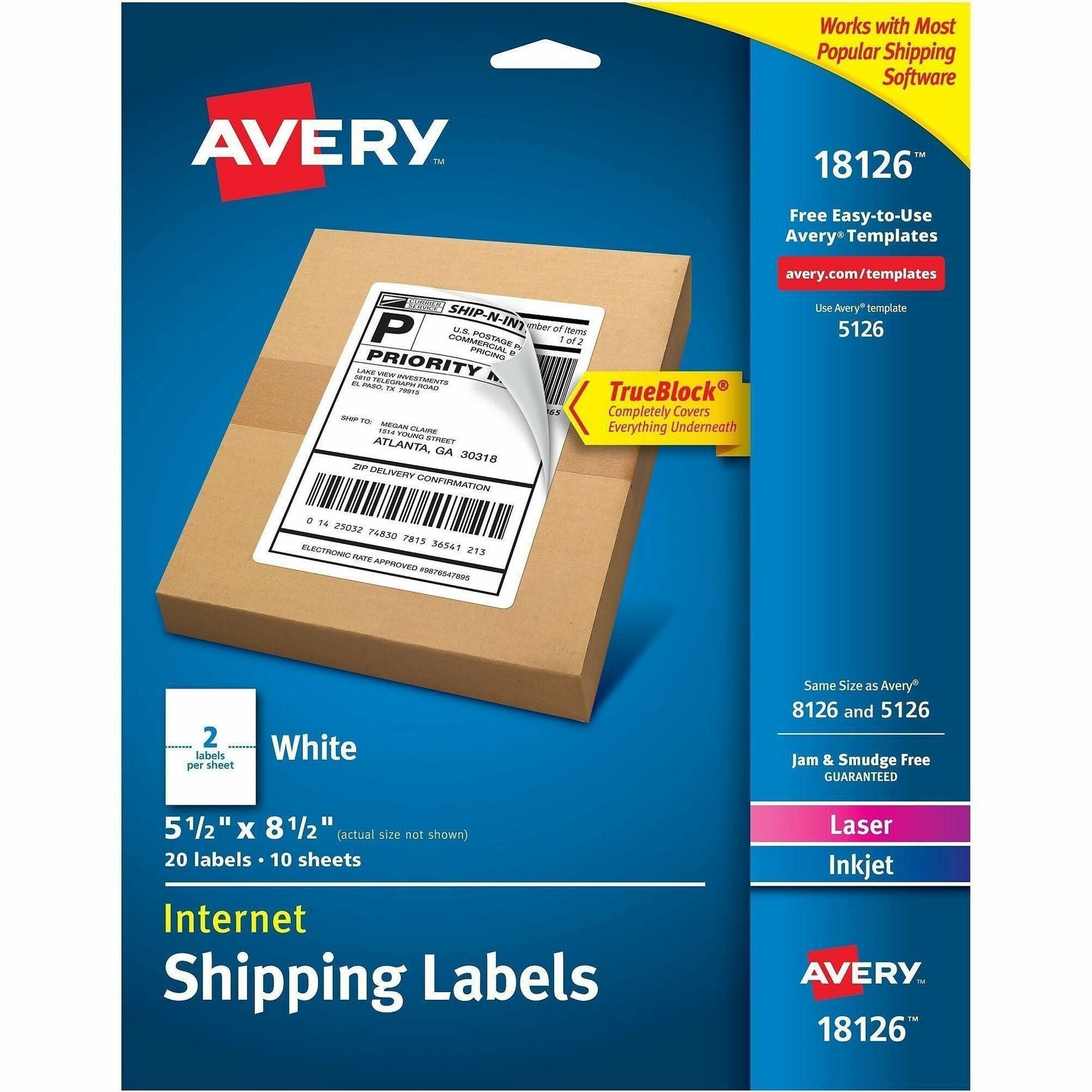 Avery Internet Shipping Labels, TrueBlock Technology, Permanent Adhesive, 5-1/2" x 8-1/2" , 20 Labels (18126) - Avery Internet Shipping Labels, 5-1/2" x 8-1/2" , 20 Labels (18126)