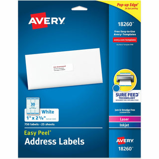 Avery Easy Peal Sure Feed Address Labels - Permanent Adhesive - Rectangle - Laser, Inkjet - White - Paper - 30 / Sheet - 125 Total Sheets - 3750 Total Label(s) - 5 / Carton
