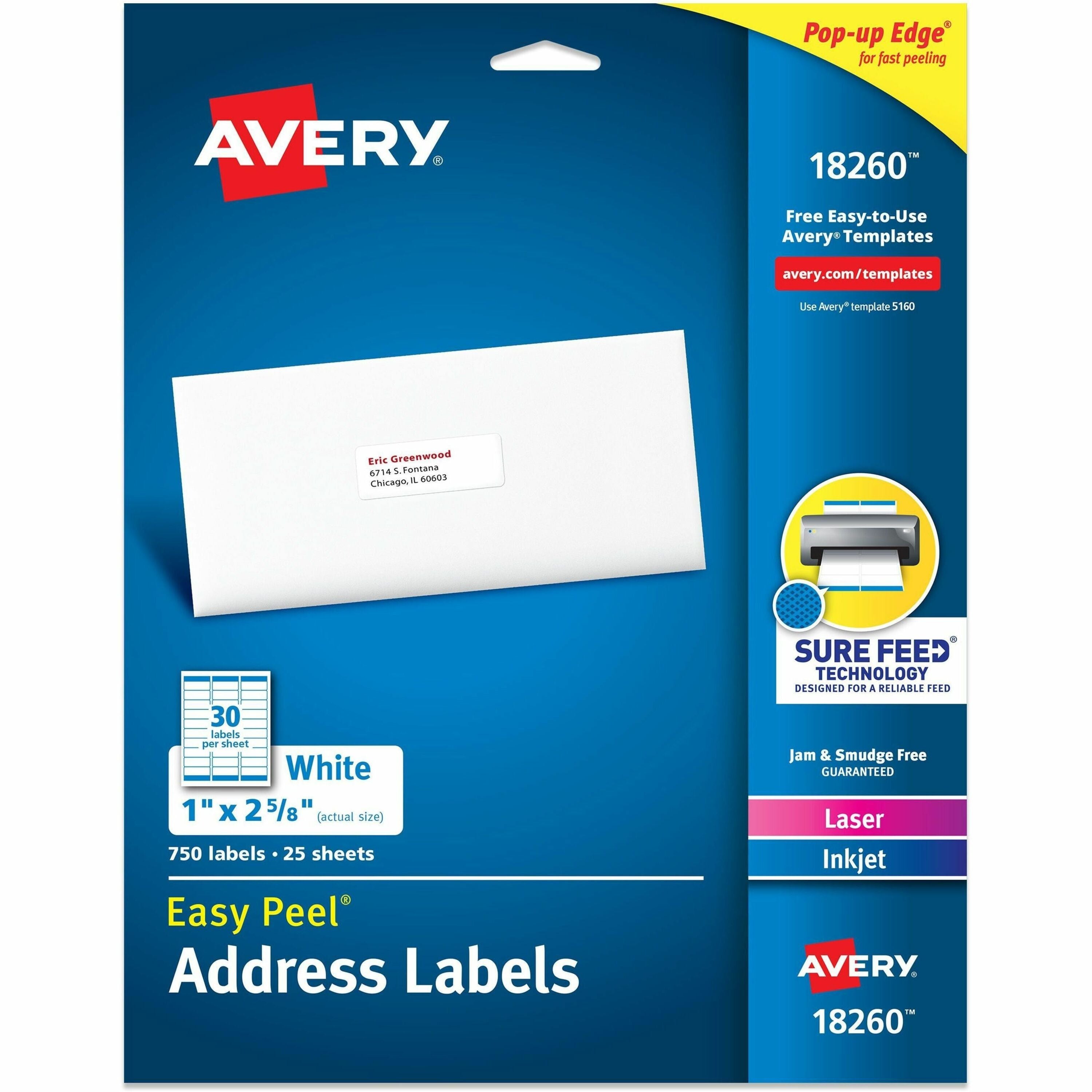 Avery Easy Peal Sure Feed Address Labels - Permanent Adhesive - Rectangle - Laser, Inkjet - White - Paper - 30 / Sheet - 125 Total Sheets - 3750 Total Label(s) - 5 / Carton