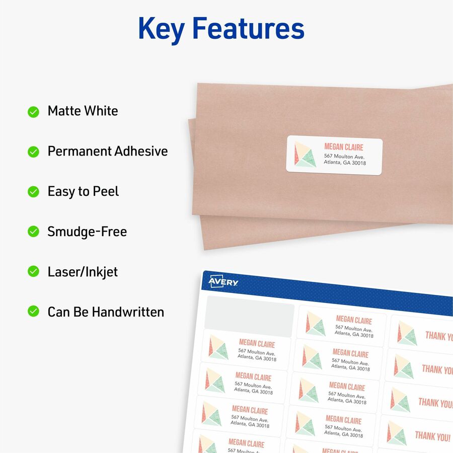 Avery Easy Peal Sure Feed Address Labels - Permanent Adhesive - Rectangle - Laser, Inkjet - White - Paper - 30 / Sheet - 125 Total Sheets - 3750 Total Label(s) - 5 / Carton