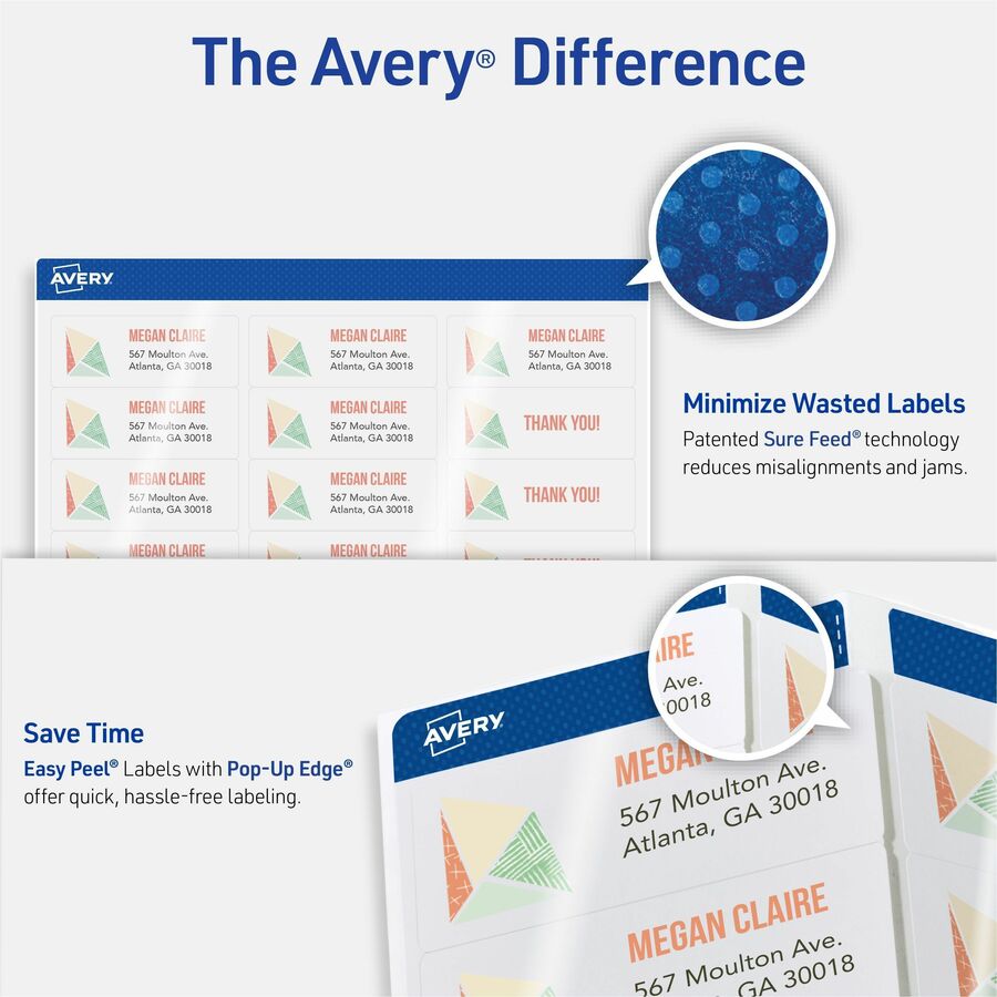 Avery Easy Peal Sure Feed Address Labels - Permanent Adhesive - Rectangle - Laser, Inkjet - White - Paper - 60 / Sheet - 50 Total Sheets - 3000 Total Label(s) - 5 / Carton