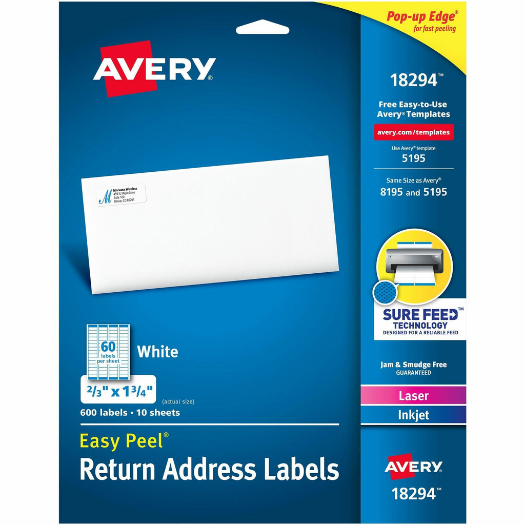 Avery Easy Peal Sure Feed Address Labels - Permanent Adhesive - Rectangle - Laser, Inkjet - White - Paper - 60 / Sheet - 50 Total Sheets - 3000 Total Label(s) - 5 / Carton