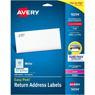 Avery Easy Peal Sure Feed Address Labels - Permanent Adhesive - Rectangle - Laser, Inkjet - White - Paper - 60 / Sheet - 50 Total Sheets - 3000 Total Label(s) - 5 / Carton