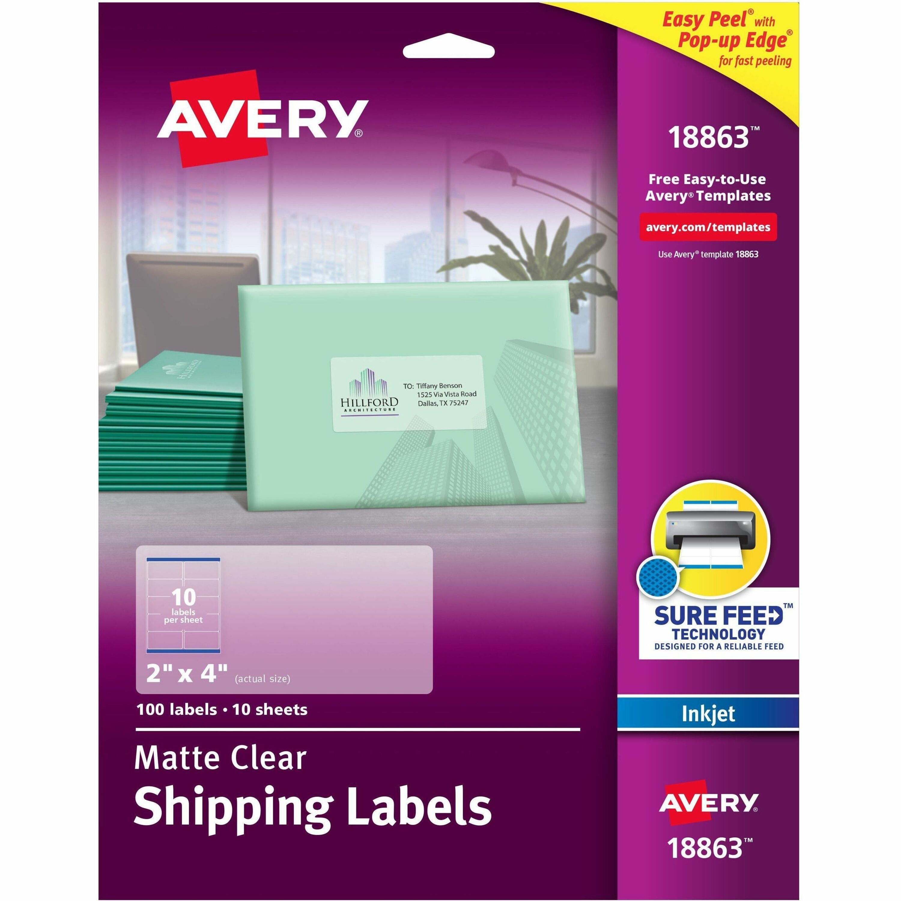 Avery Easy Peel Inkjet Printer Mailing Labels - Permanent Adhesive - Rectangle - Inkjet - Clear - Film - 10 / Sheet - 50 Total Sheets - 500 Total Label(s) - 5 / Carton - 1