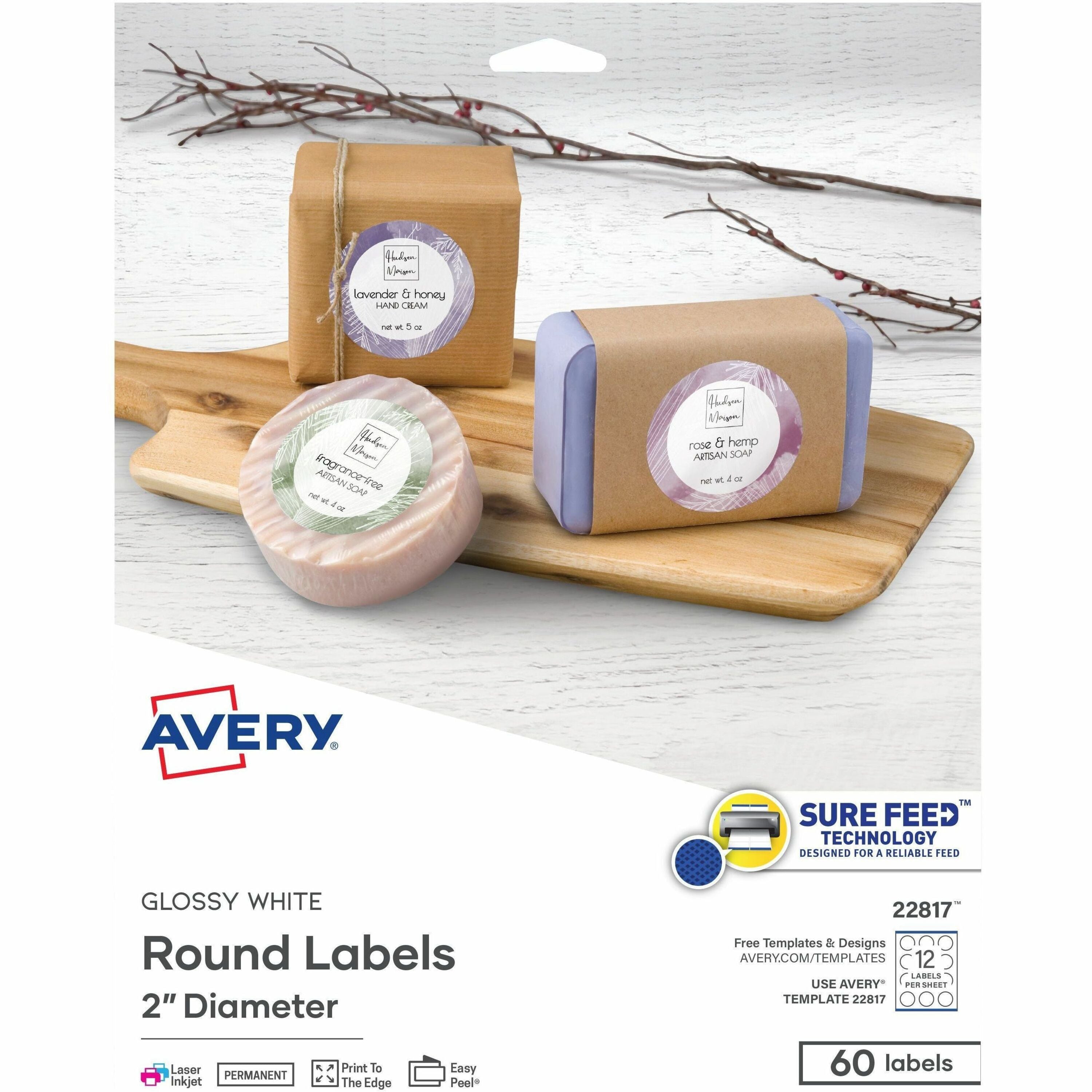 Avery TrueBlock Multipurpose Label - Permanent Adhesive - Round - Laser, Inkjet - Bright White - Paper - 12 / Sheet - 25 Total Sheets - 300 Total Label(s) - 5 / Carton