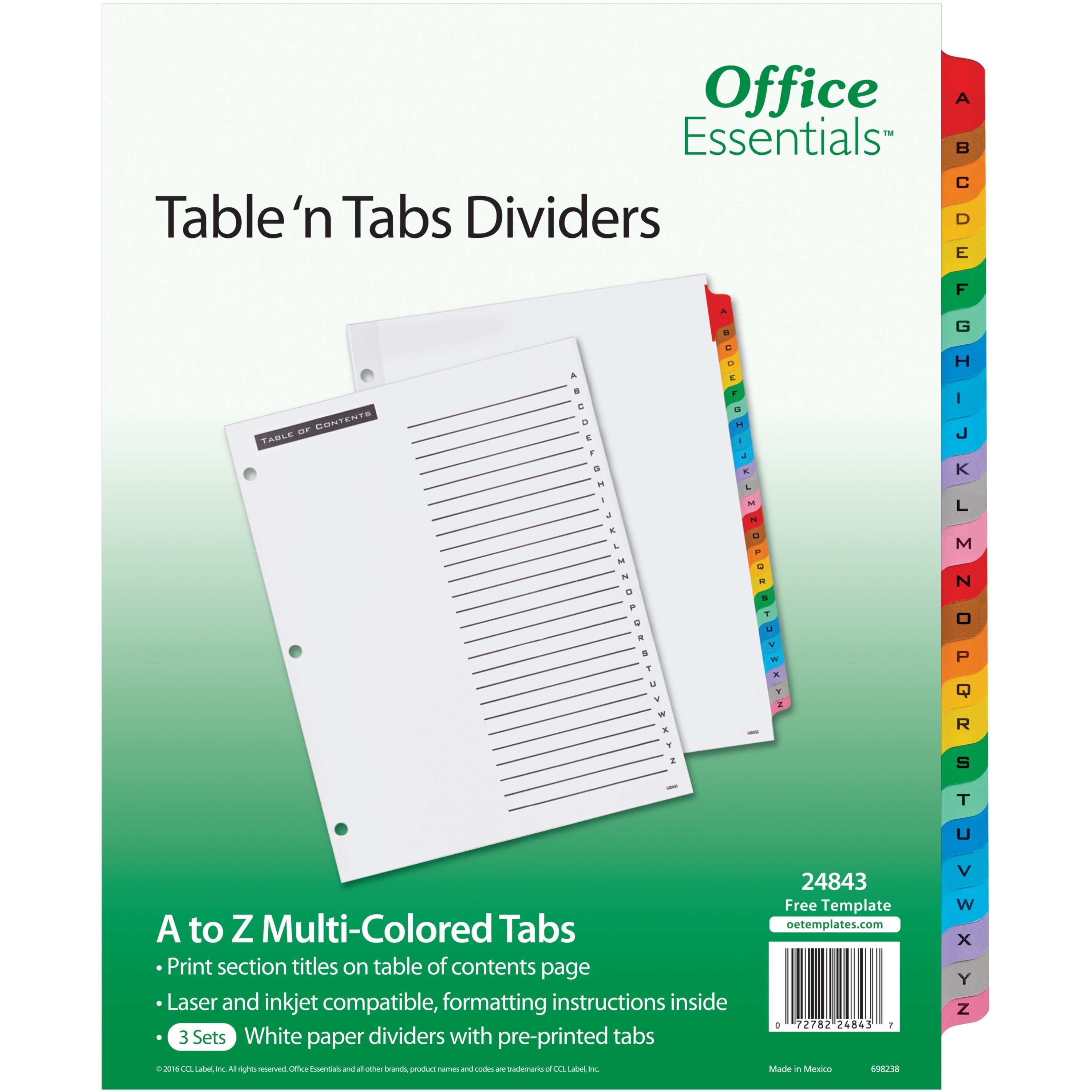 Avery Table 'n Tabs Multicolored Tab A-Z Dividers - 288 x Divider(s) - 288 Tab(s) - A-Z - 26 Tab(s)/Set - 8.5" Divider Width x 11" Divider Length - 3 Hole Punched - White Paper Divider - Multicolor Paper Tab(s) - 4 / Carton