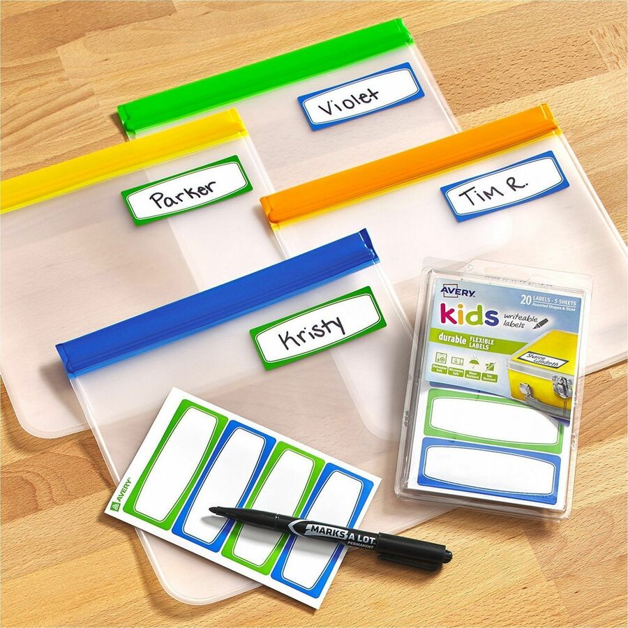Avery Kids Handwritten Identification Labels, 3.5 x 1.25, Assorted Border Colors, 4 Labels/Sheet, 5 Sheets/Pack