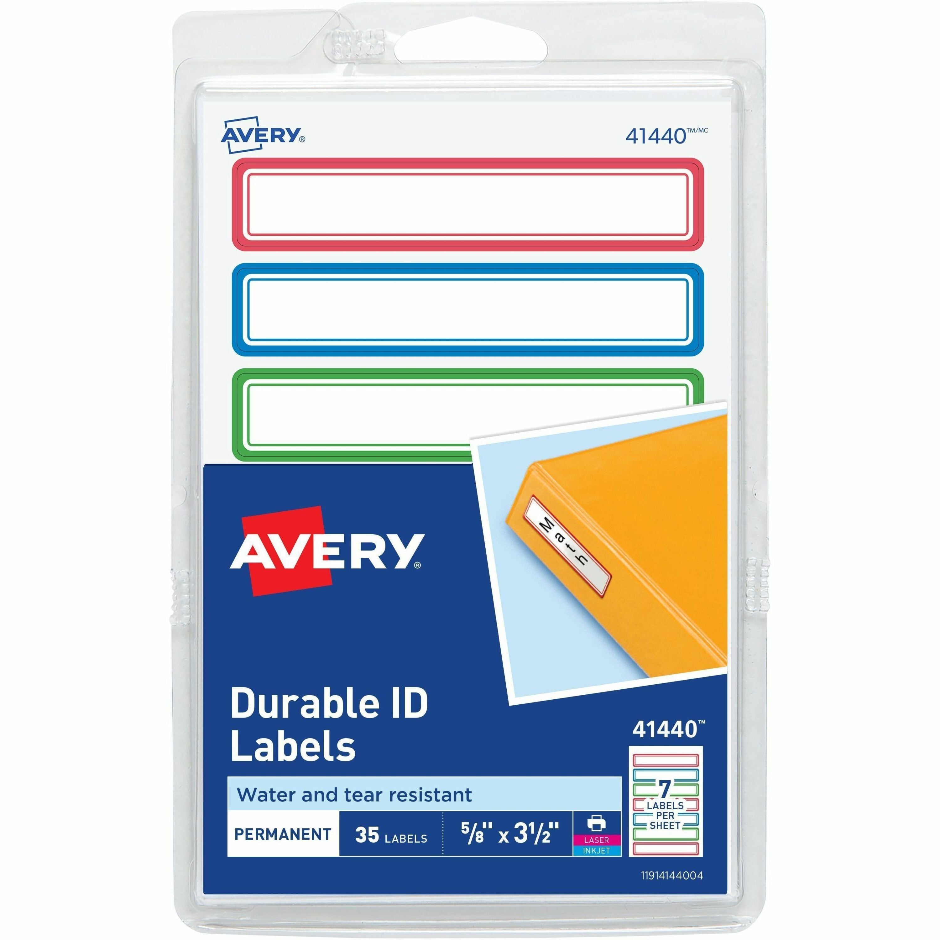 Avery Kids Handwritten Identification Labels, 3.5 x 0.63, Assorted Border Colors, 7 Labels/Sheet, 5 Sheets/Pack