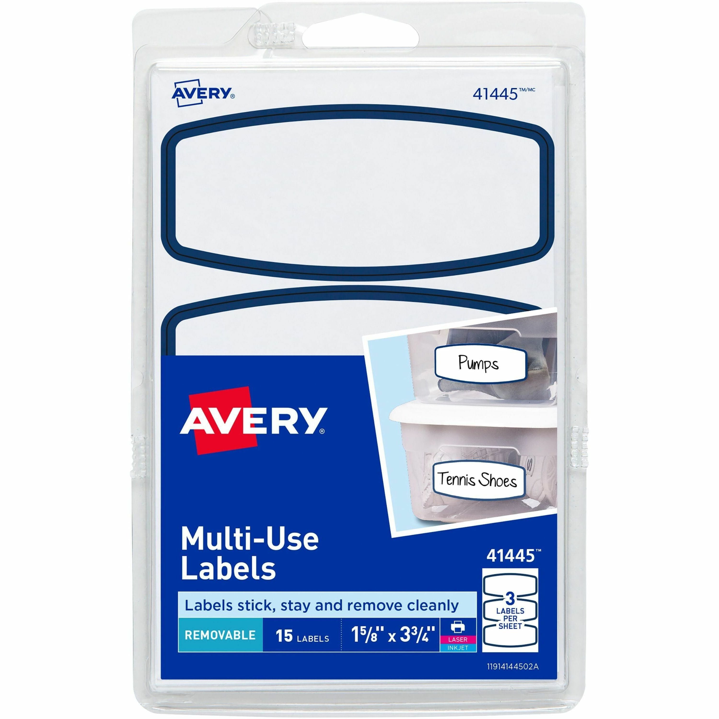 Avery Blue Border Removable Multi-Use Labels - Removable Adhesive - Arched Rectangle - Laser, Inkjet - White, Blue - Paper - 3 / Sheet - 90 Total Sheets - 270 Total Label(s) - 18 / Carton