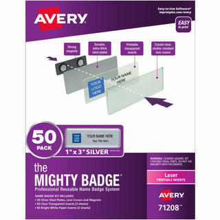 The Mighty Badge Name Badge Holder Kit, Horizontal, 3 x 1, Laser, Silver, 50 Holders/120 Inserts