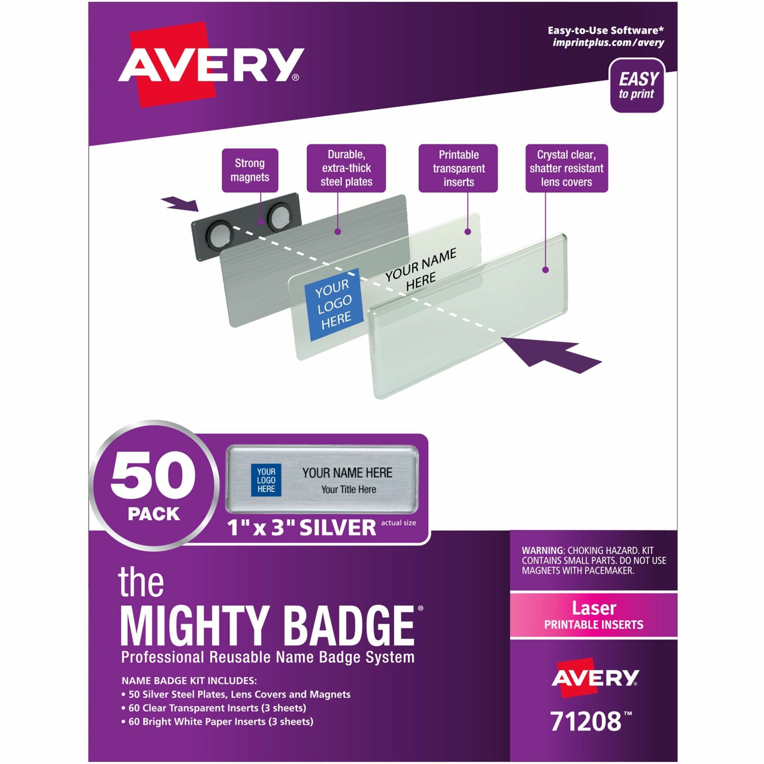 The Mighty Badge Name Badge Holder Kit, Horizontal, 3 x 1, Laser, Silver, 50 Holders/120 Inserts
