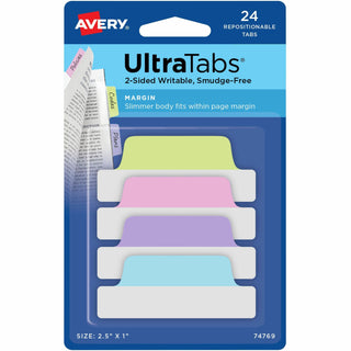 Ultra Tabs Repositionable Tabs, Margin Tabs: 2.5" x 1", 1/5-Cut, Assorted Pastel Colors, 24/Pack