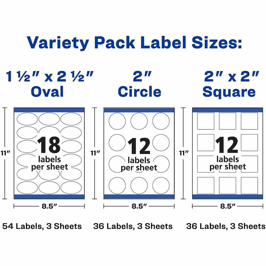 Avery Sure Feed Label Variety Pack - Permanent Adhesive - Assorted, Round, Oval, Square - Laser, Inkjet - White - Paper - 14 / Sheet - 48 Total Sheets - 630 Total Label(s) - 5 / Carton