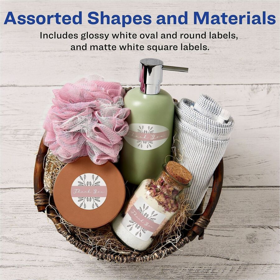Avery Sure Feed Label Variety Pack - Permanent Adhesive - Assorted, Round, Oval, Square - Laser, Inkjet - White - Paper - 14 / Sheet - 48 Total Sheets - 630 Total Label(s) - 5 / Carton