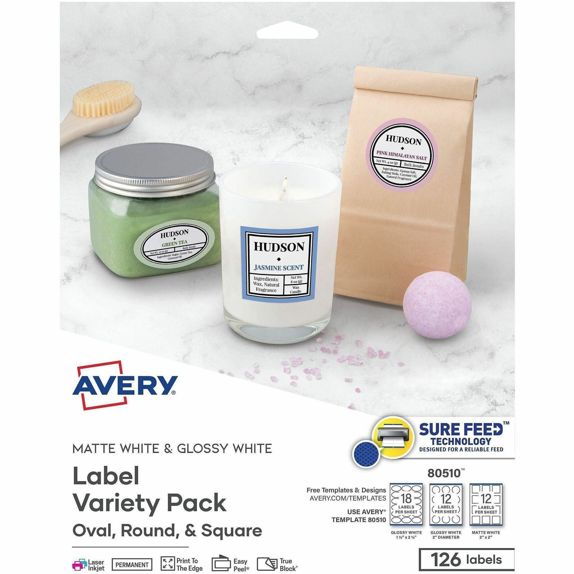Avery Sure Feed Label Variety Pack - Permanent Adhesive - Assorted, Round, Oval, Square - Laser, Inkjet - White - Paper - 14 / Sheet - 48 Total Sheets - 630 Total Label(s) - 5 / Carton