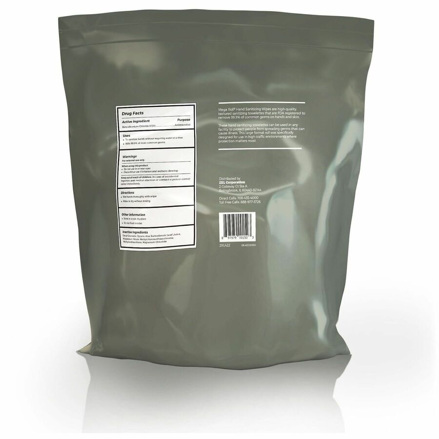 2XL Mega Roll Sanitizing Wipes - White - Non-toxic, Non-irritating, Alcohol-free, Phenol-free, Bleach-free, Ammonia-free, Recyclable - For Hand, Skin, Multi Surface, Office, Restaurant, Hotel, Health Club, Day Care, School, Healthcare, Veterinary Cli