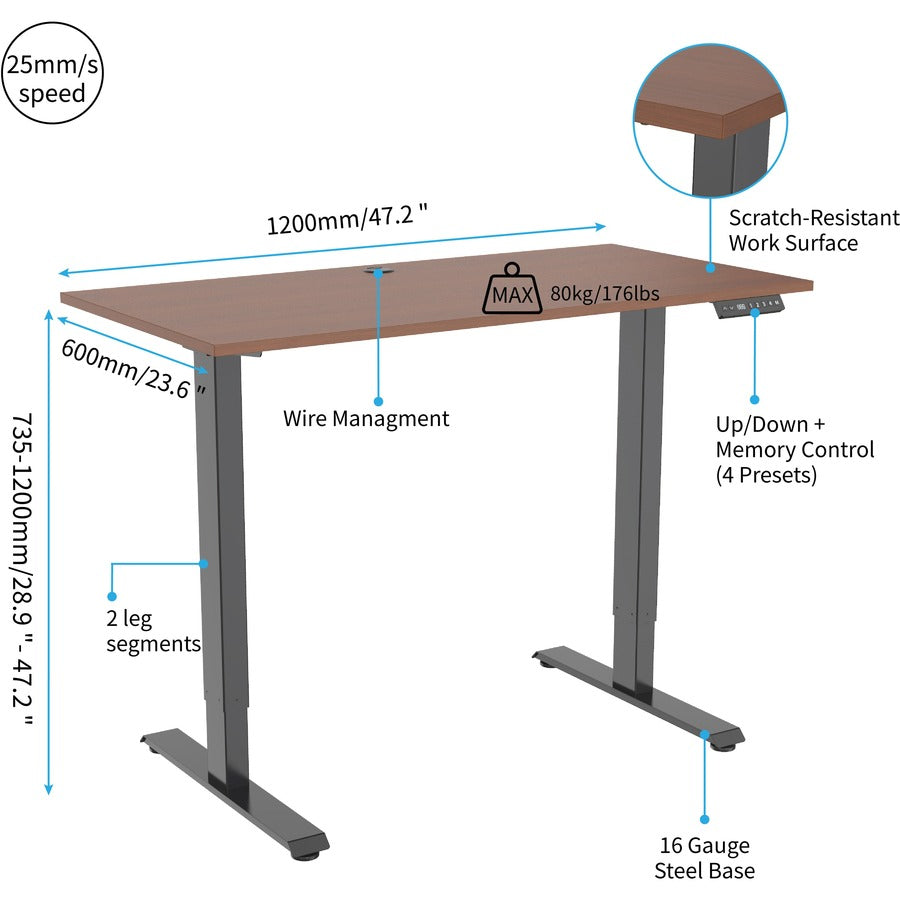 Lorell Height-Adjustable 2-Motor Desk - For - Table TopDark Walnut Rectangle Top - Black T-shaped Base - 176 lb Capacity - Adjustable Height - 28.90" to 47.20" Adjustment - 48" Table Top Length x 24" Table Top Width x 0.70" Table Top Thickness - 47.2