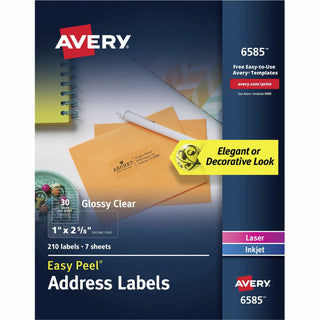 Avery Glossy Clear Address Labels, Sure Feed Technology, Laser/Inkjet, 1" x 2-5/8" , 210 Labels (6585) - Avery Glossy Clear Address Labels, 1" x 2-5/8" , 210 Labels (6585)