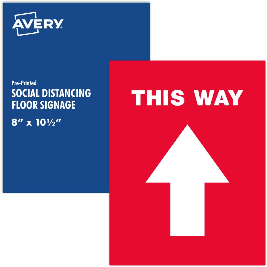 Social Distancing Floor Decals, 8.5 x 11, This Way, Red Face, White Graphics, 5/Pack