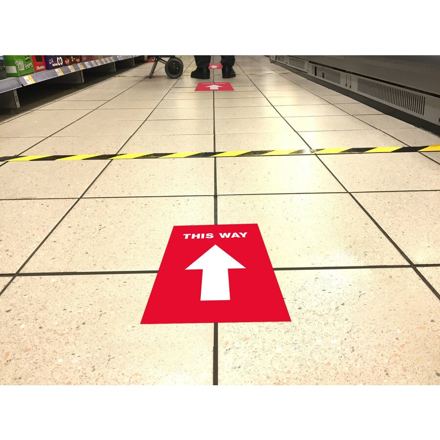 Social Distancing Floor Decals, 8.5 x 11, This Way, Red Face, White Graphics, 5/Pack