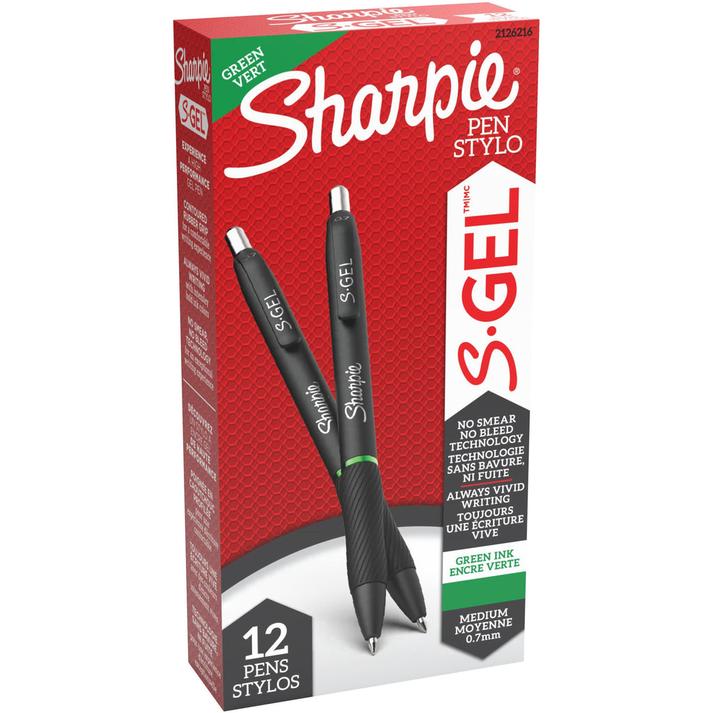 S-Gel High-Performance Gel Pen, Retractable, Medium 0.7 mm, Green Ink, Black Barrel, Dozen