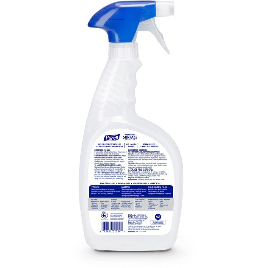 PURELL Foodservice Surface Sanitizer - 32 fl oz (1 quart)Spray Bottle - 6 / Carton - Rinse-free, Fragrance-free - Clear