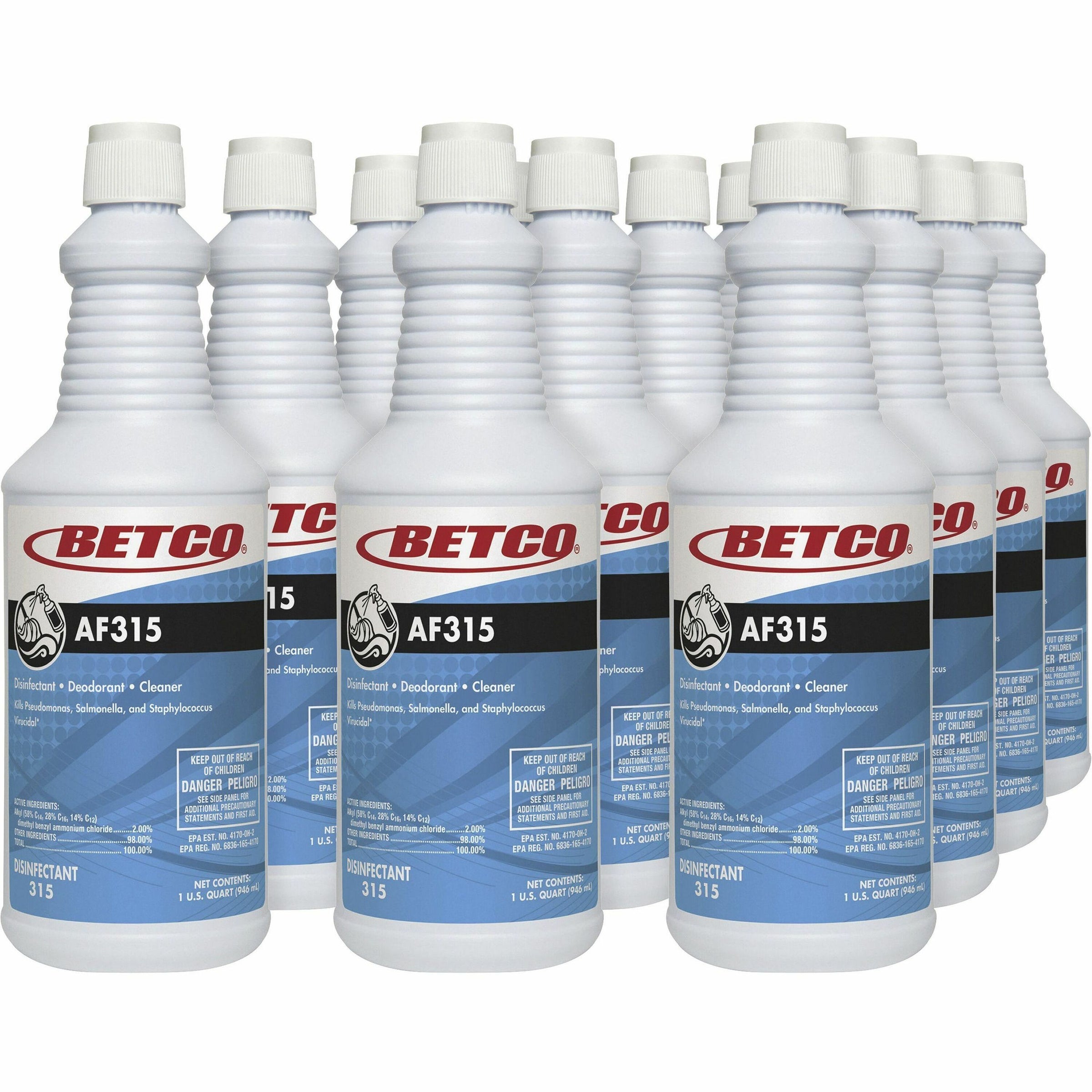 Betco AF315 Disinfectant Cleaner - Concentrate - 32 fl oz (1 quart) - Citrus Floral Scent - 12 / Carton - Deodorant, Detergent Resistant, pH Neutral, Long Lasting, Deodorize - Turquoise
