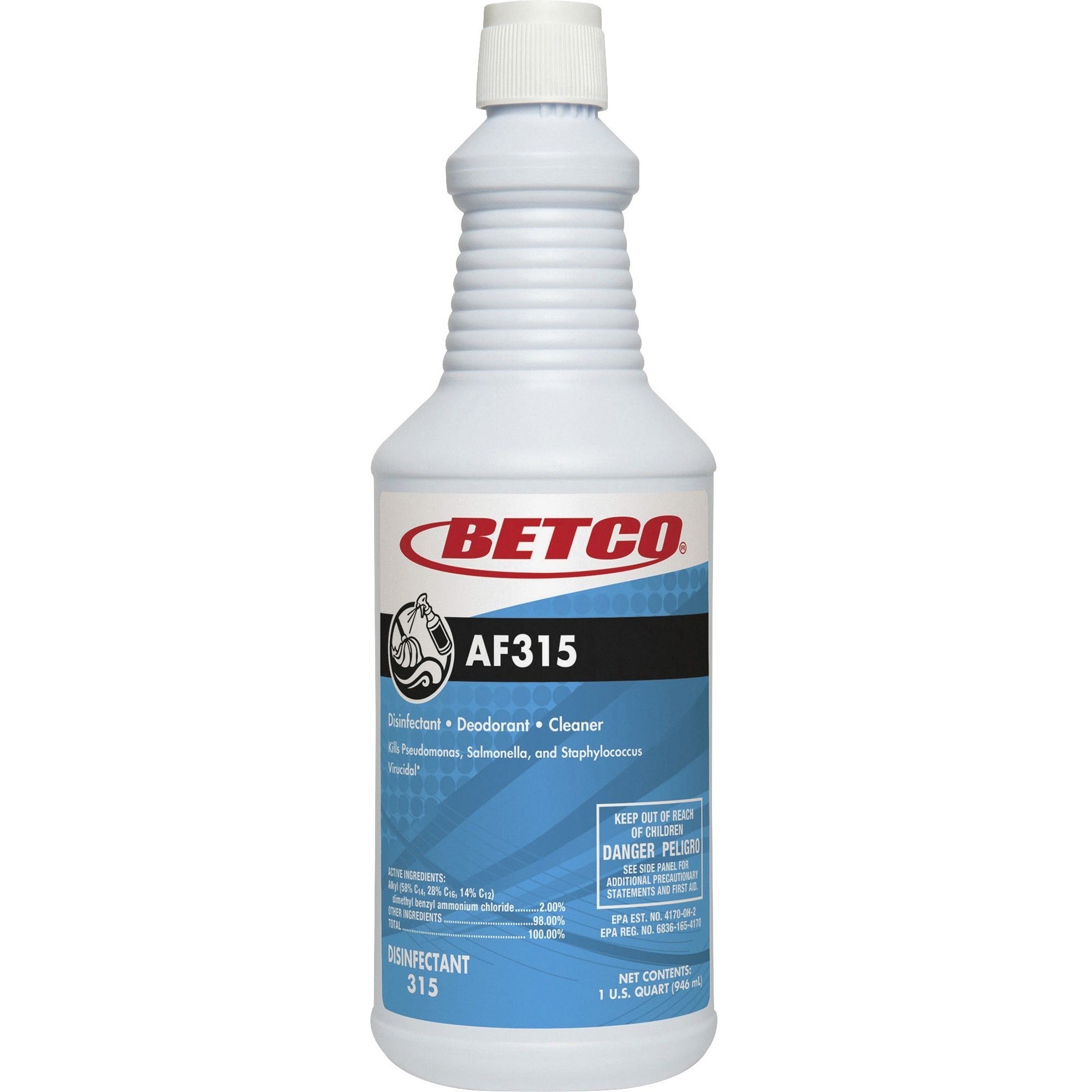Betco AF315 Disinfectant Cleaner - Concentrate - 32 fl oz (1 quart) - Citrus Floral Scent - 12 / Carton - Deodorant, Detergent Resistant, pH Neutral, Long Lasting, Deodorize - Turquoise - 2